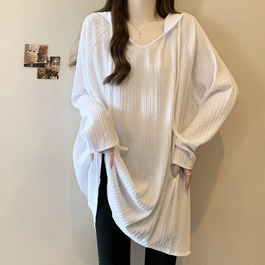 韩系圆领纯色连帽长袖T恤女夏季新款大码胖妹妹洋气独特别致上衣