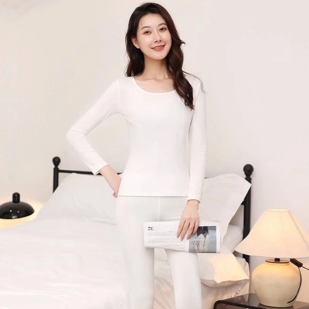 新款保暖内衣秋冬薄款打底衫纯色棉毛衫均码套装修身圆领