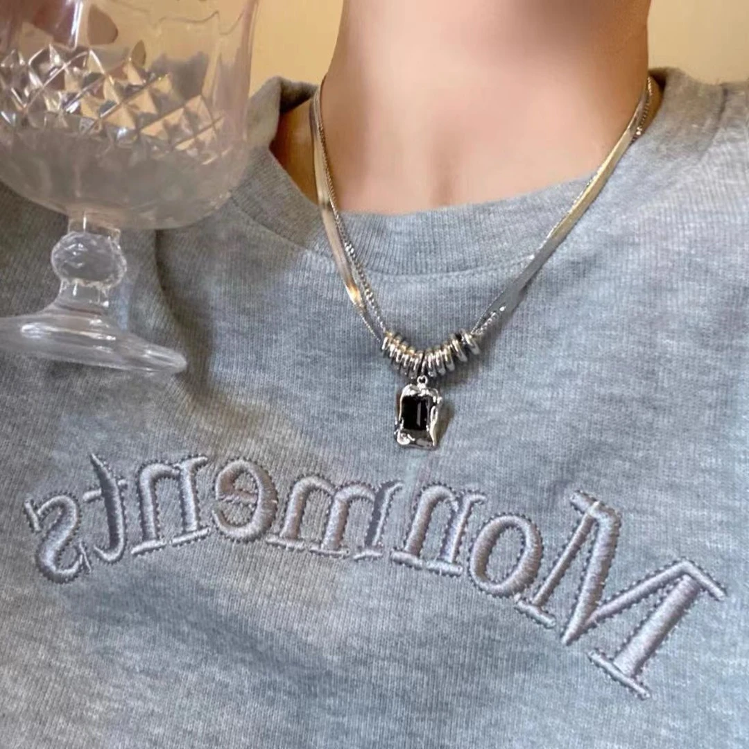合金锆石项链 嘻哈风~方形锆石双层卫衣项链女秋冬2022年新款小