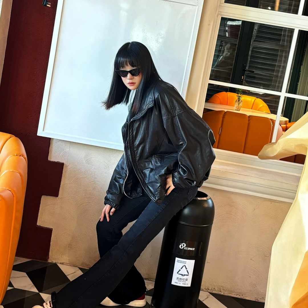 2024新款百搭皮衣网红皮夹克黑色海宁春秋冬男外套真皮短款感翻领