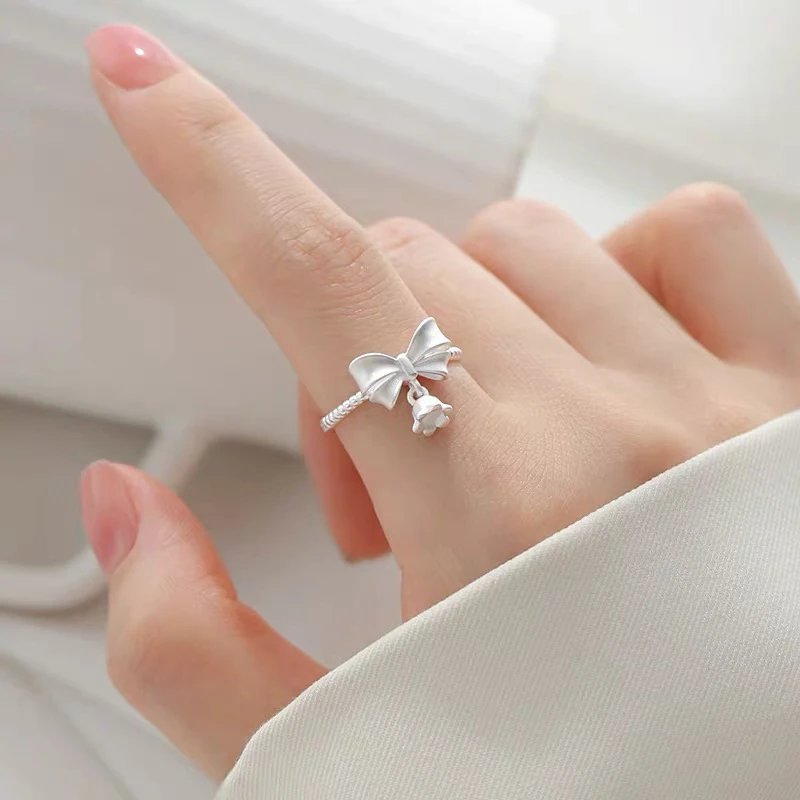 925银戒指 蝴蝶结铃兰花戒指女小众设计高级感甜美开口食指环尾戒