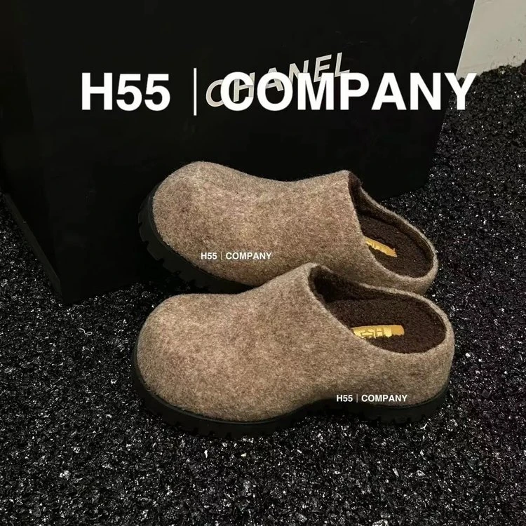 复古圆头毛毡包头半拖鞋女秋冬外穿棉鞋懒人一脚蹬厚底加绒勃肯鞋