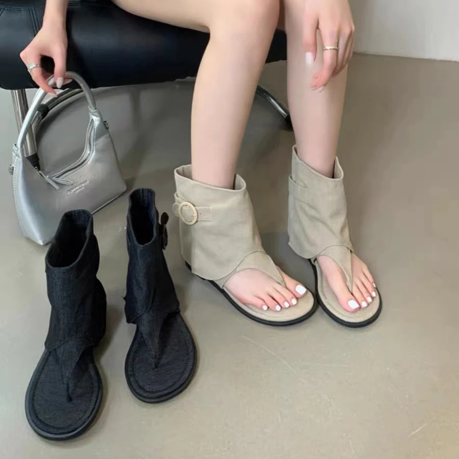 人字夹趾凉鞋女夏天2025新款平底夹脚内增高网红裤管夏季短靴凉靴