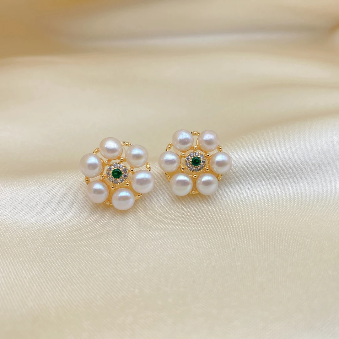 LH049【绿钻小花珍珠耳钉】气质轻奢时尚百搭复古法式小众简约
