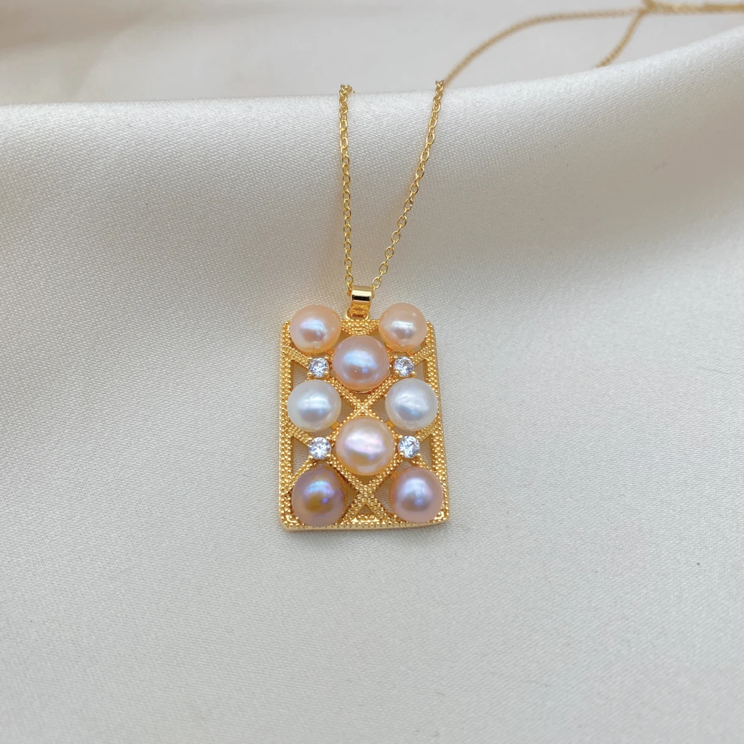 LH045【平安无事牌项链】天然淡水珍珠1轻奢时尚镶嵌坠链百搭满拼色