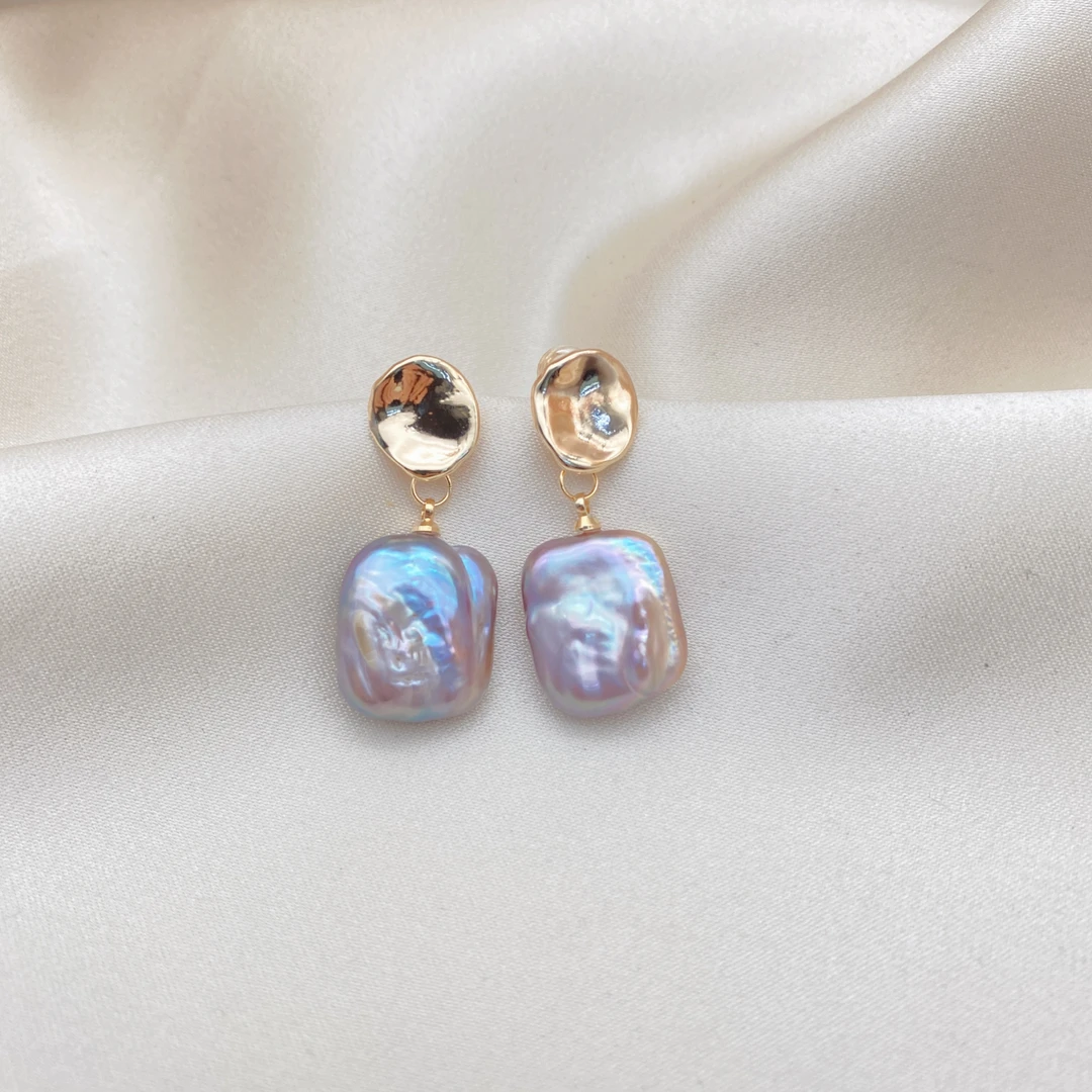 LH004【紫巴方块耳环】天然淡水珍珠1气质时尚复古简约紫色优雅个性