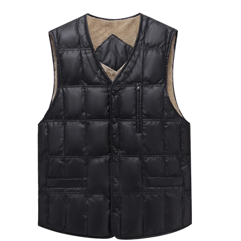 中老年羽绒马甲男士秋冬加绒加厚V领爸爸装背心居家坎肩爷爷款