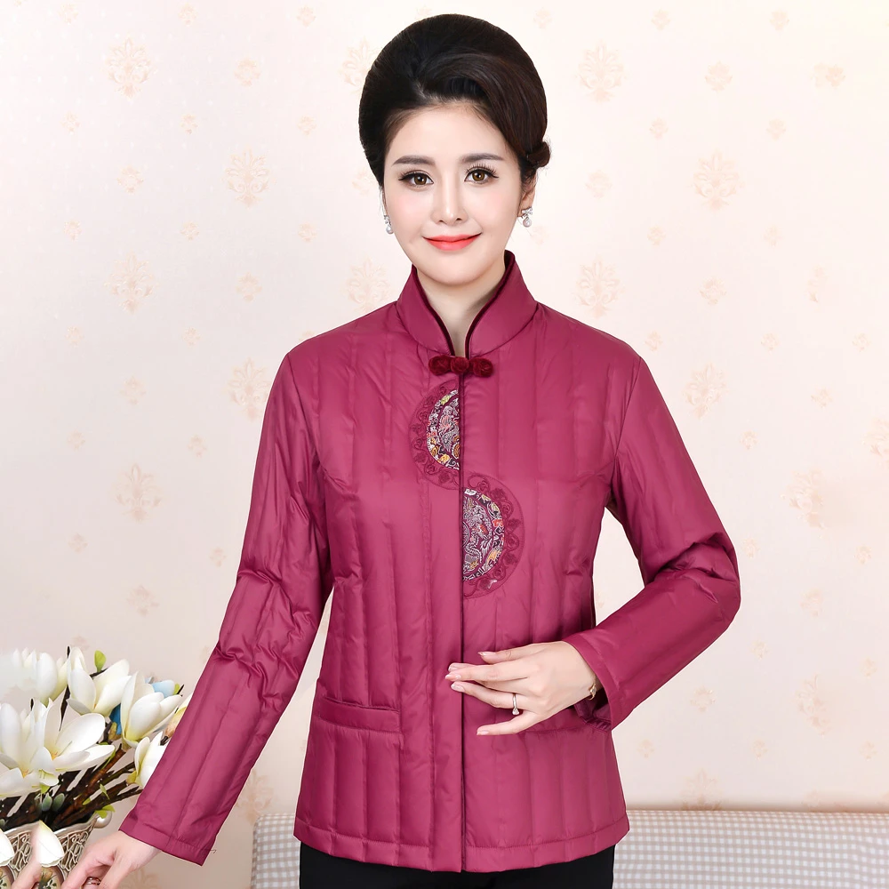 中老年羽绒服内胆女士轻薄立领刺绣中国风妈妈装显瘦保暖羽绒衣