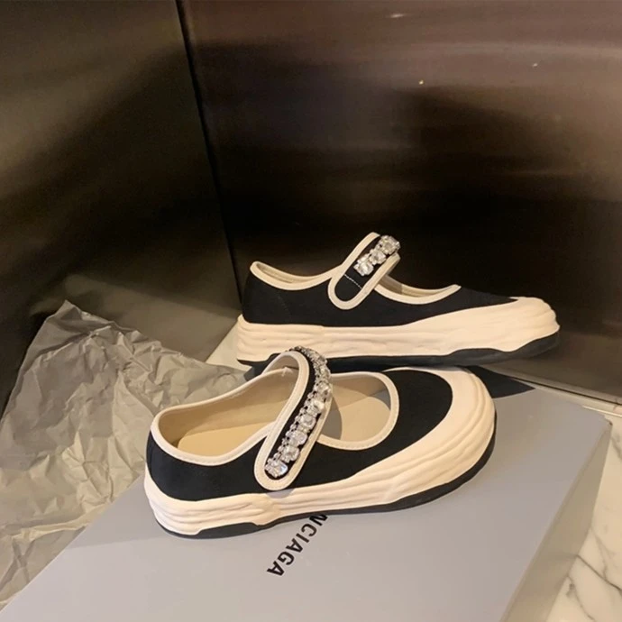 1205（福利～) 水钻一字带魔术贴圆头帆布甜美俏皮玛丽珍单鞋