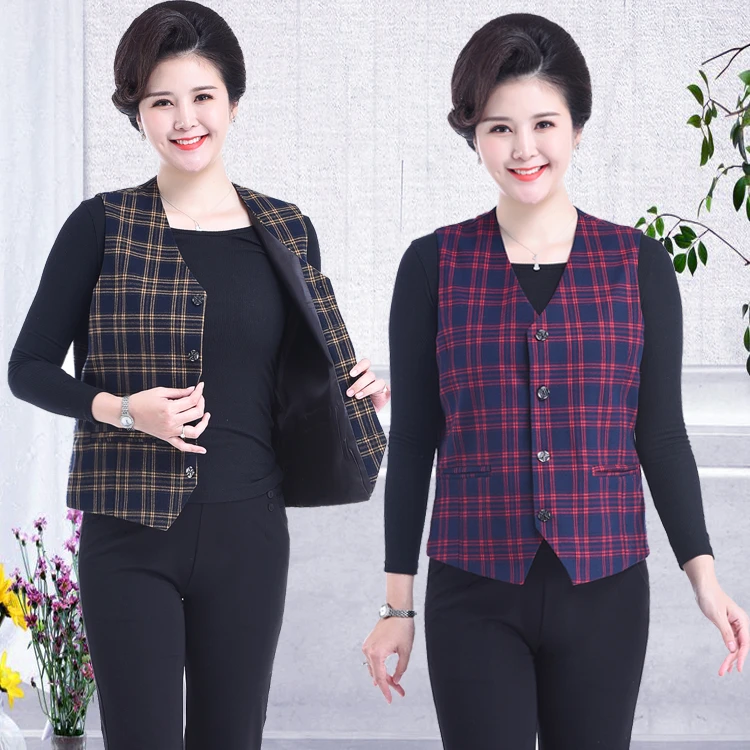 新款中老年马甲女春秋背心妈妈装V领马夹外套奶奶方格子薄款坎肩