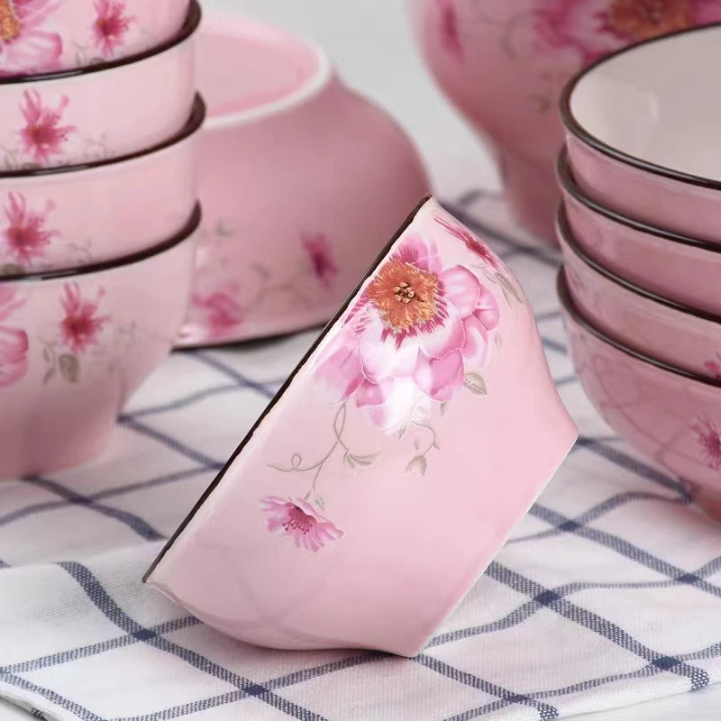 饭碗家用4.5英寸陶瓷餐具大号6英寸面碗日式个性创意汤碗粉色瓷碗