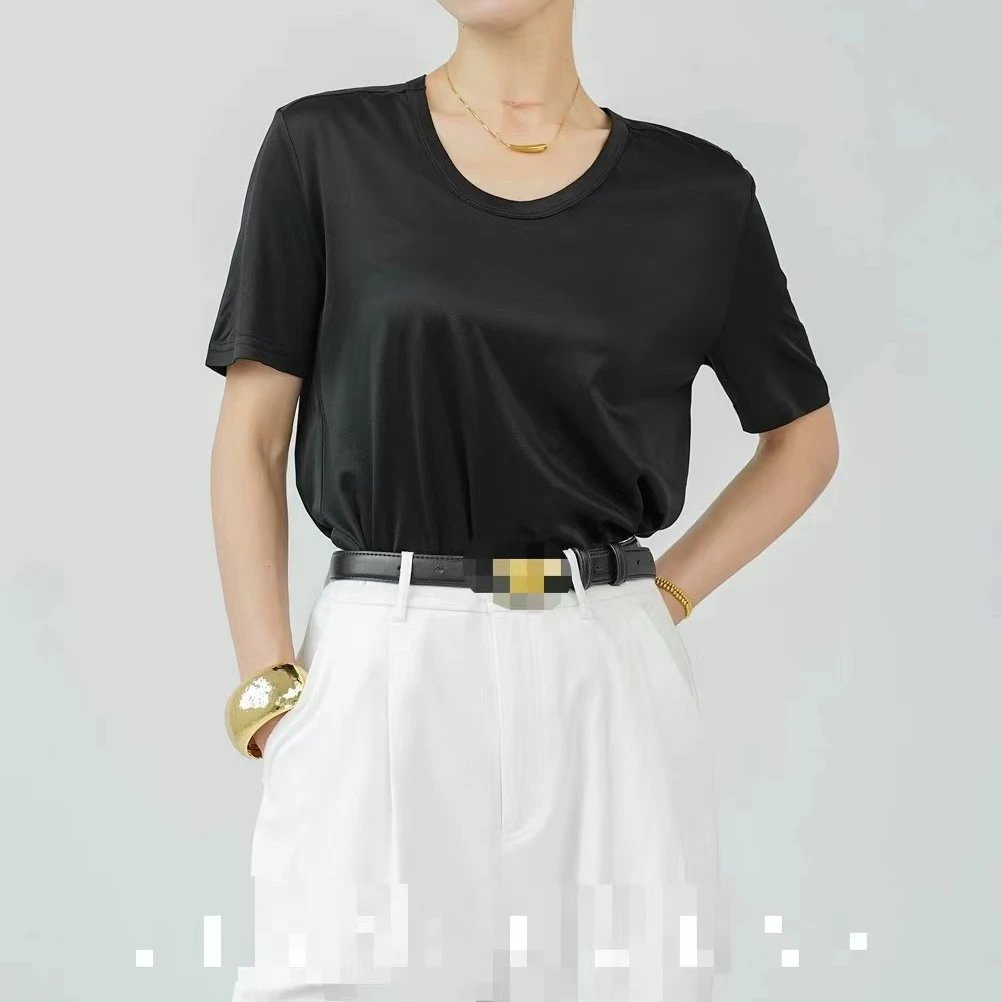 断码特价双面织长绒棉桑蚕丝再生纤维素纤维圆领短袖女T