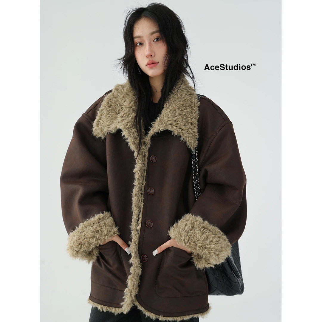 女款皮毛一体外套2025冬季新款爆款仿羊羔毛两面穿麂皮绒保暖大衣