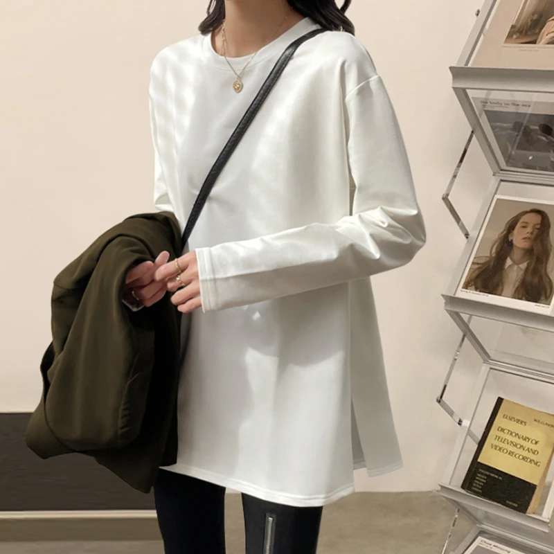 棉质白色长袖t恤秋冬卫衣中长款打底衫女内搭遮屁股时髦洋气上衣