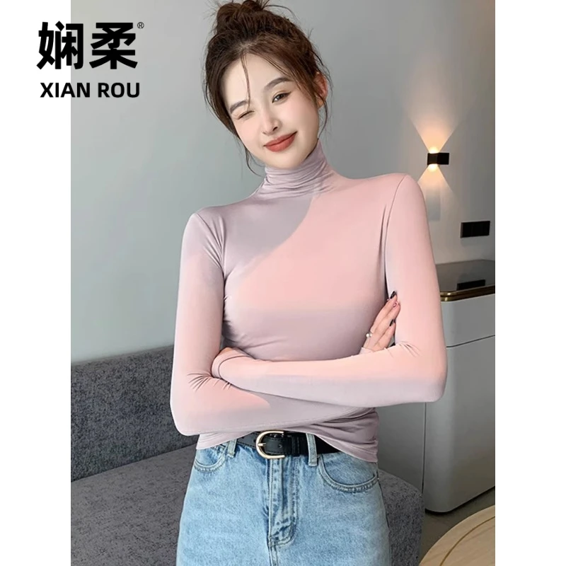 皮粉人棉高领打底衫女长袖秋冬2025新款紧身百搭t恤上衣ins潮