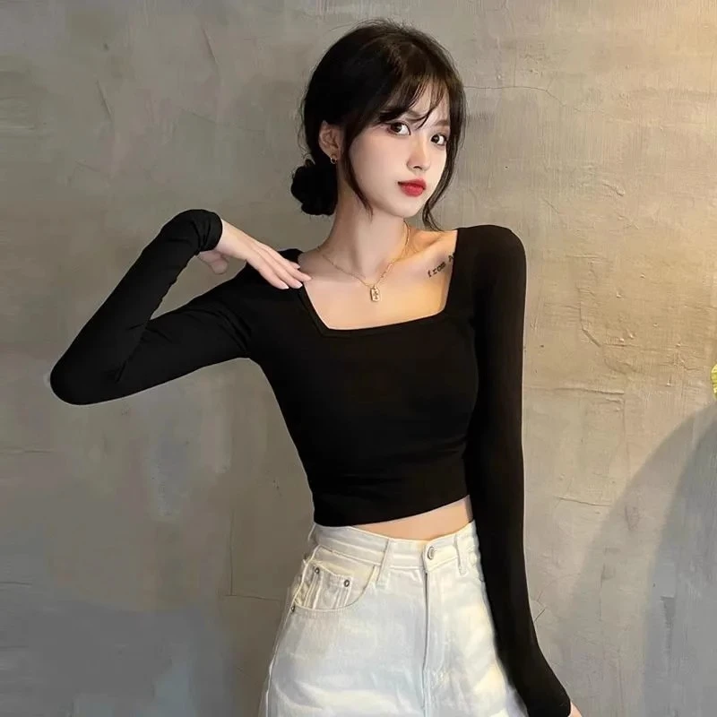 黑色方领加绒加厚长袖打底衫女2025秋冬短款高腰紧身保暖内搭上衣