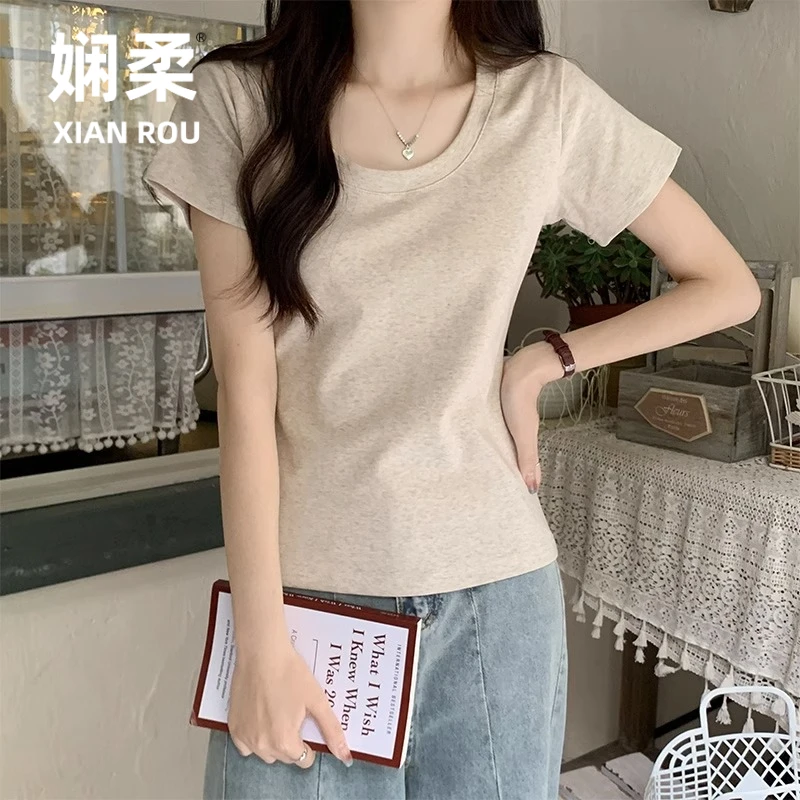 短袖t恤女夏季2025新爆款正肩棉质U领紧身打底衫半袖洋气辣妹上衣