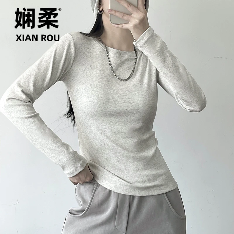 美式白色t恤女正肩长袖欧货2025年新款显瘦圆领棉质叠穿打底上衣