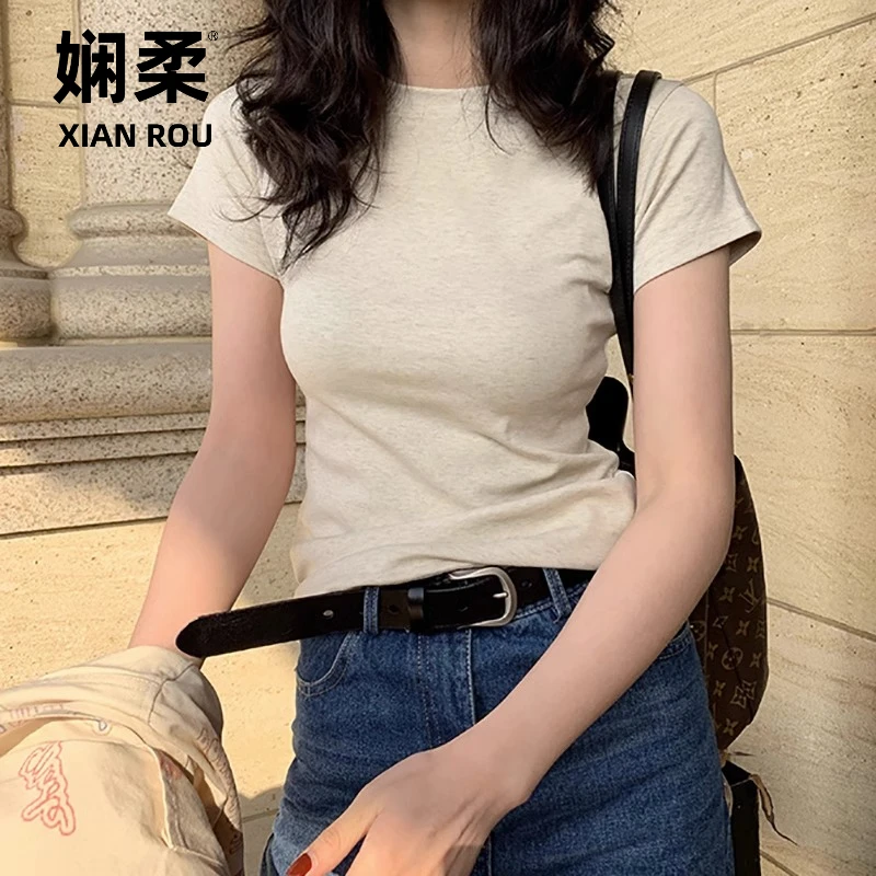 棉质正肩短袖T恤女夏休闲百搭上衣ins潮体恤修身显瘦基础款打底衫