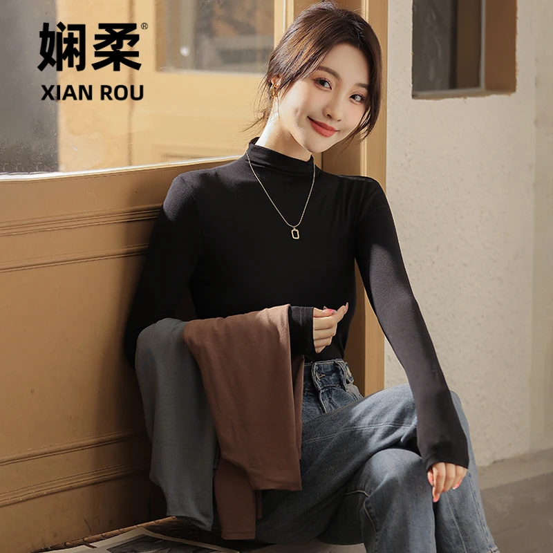 人棉黑色半高领打底衫女秋冬内搭修身面膜长袖t恤中领薄款上衣
