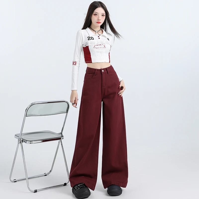 2024秋冬新款甜酷风安格拉红&原牛色红直筒拖地阔腿裤女长裤&加长