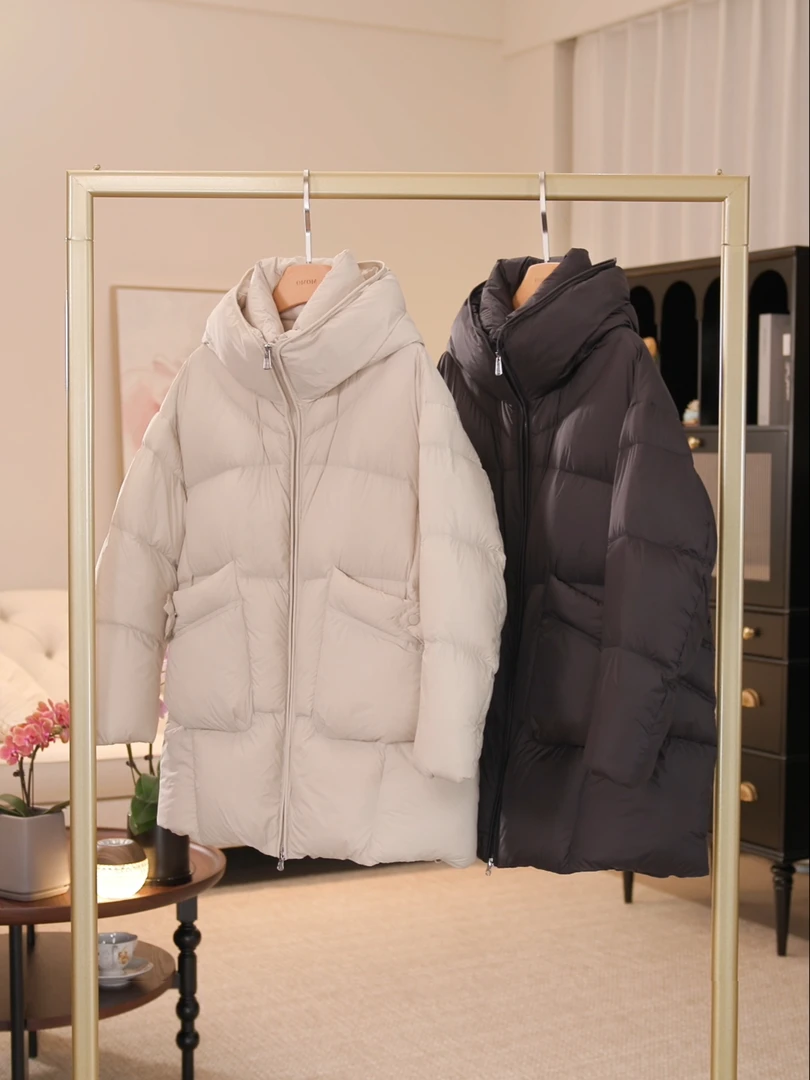 " 江南雪 "轻羽绒白鸭绒中长款连帽羽绒服