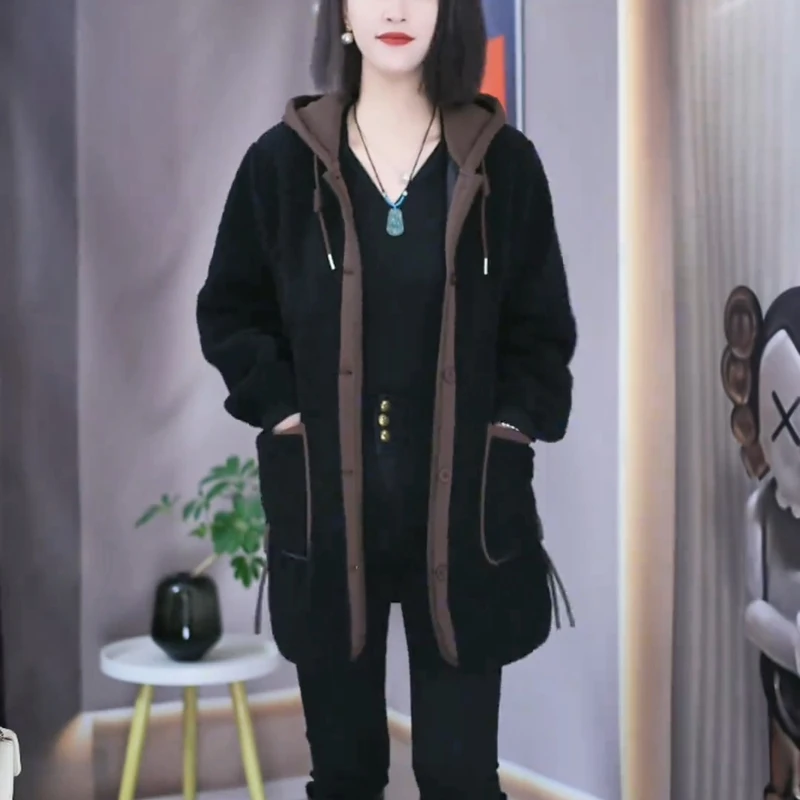 高级时尚北极颗粒绒2024冬季新款加厚连帽大码韩版宽松洋气外套女