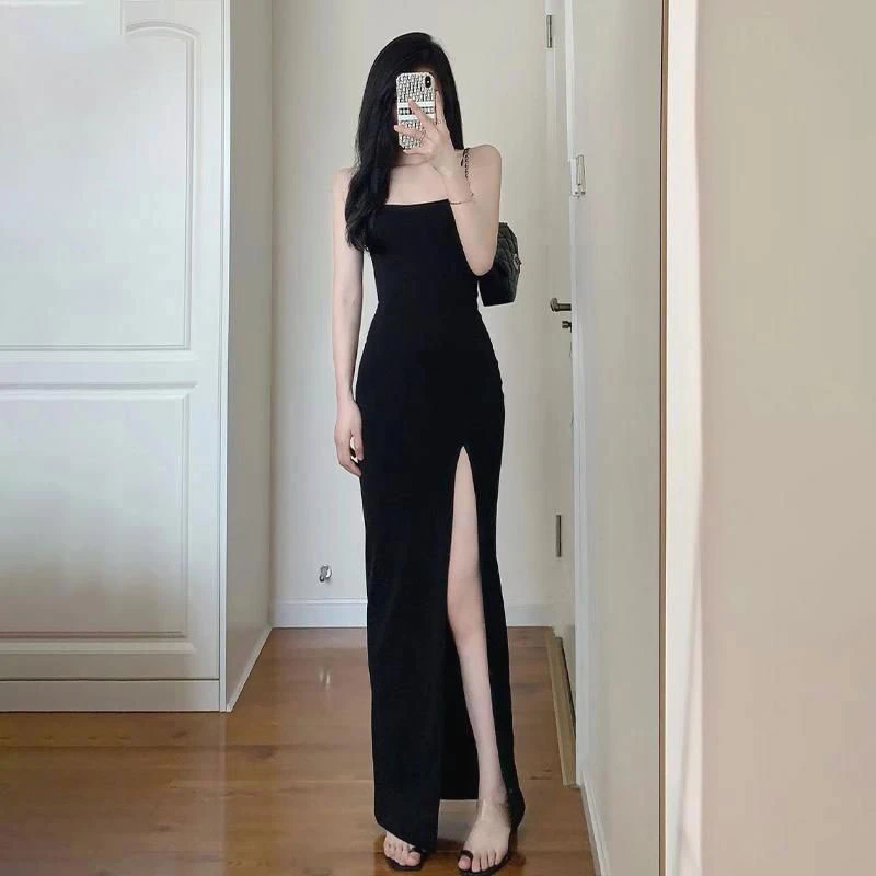 轻熟辣妹纯欲风设计感御姐黑色开叉包臀吊带连衣裙女长款收腰显瘦