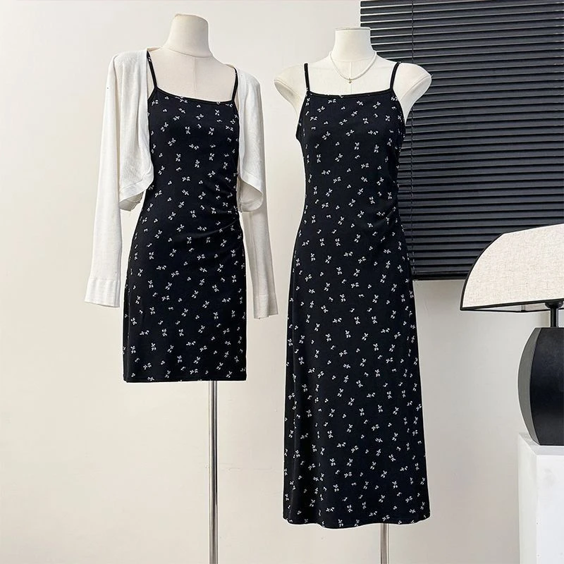 碎花裙子法式复古吊带连衣裙黑色修身夏季包臀裙气质修身