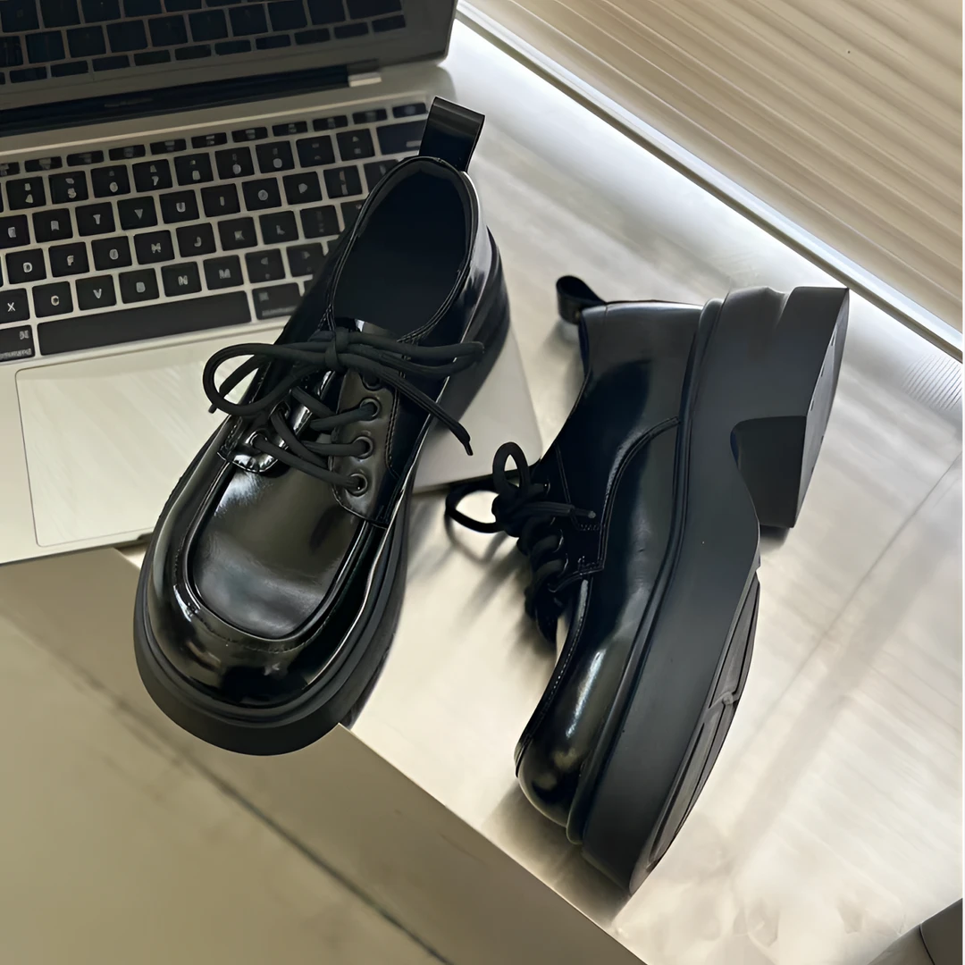 TY轻奢女鞋2025春欧货真皮厚底英伦乐福鞋系带增高乐福鞋极简百搭