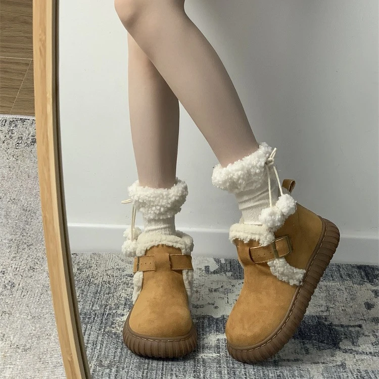加绒厚底毛毛雪地靴女2023年冬季时尚潮款轻便保暖舒适外穿勃肯鞋