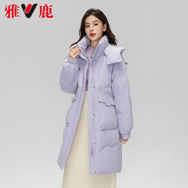 雅鹿中长款羽绒服女2024年冬季新款时尚保暖连帽柔软休闲外套收腰