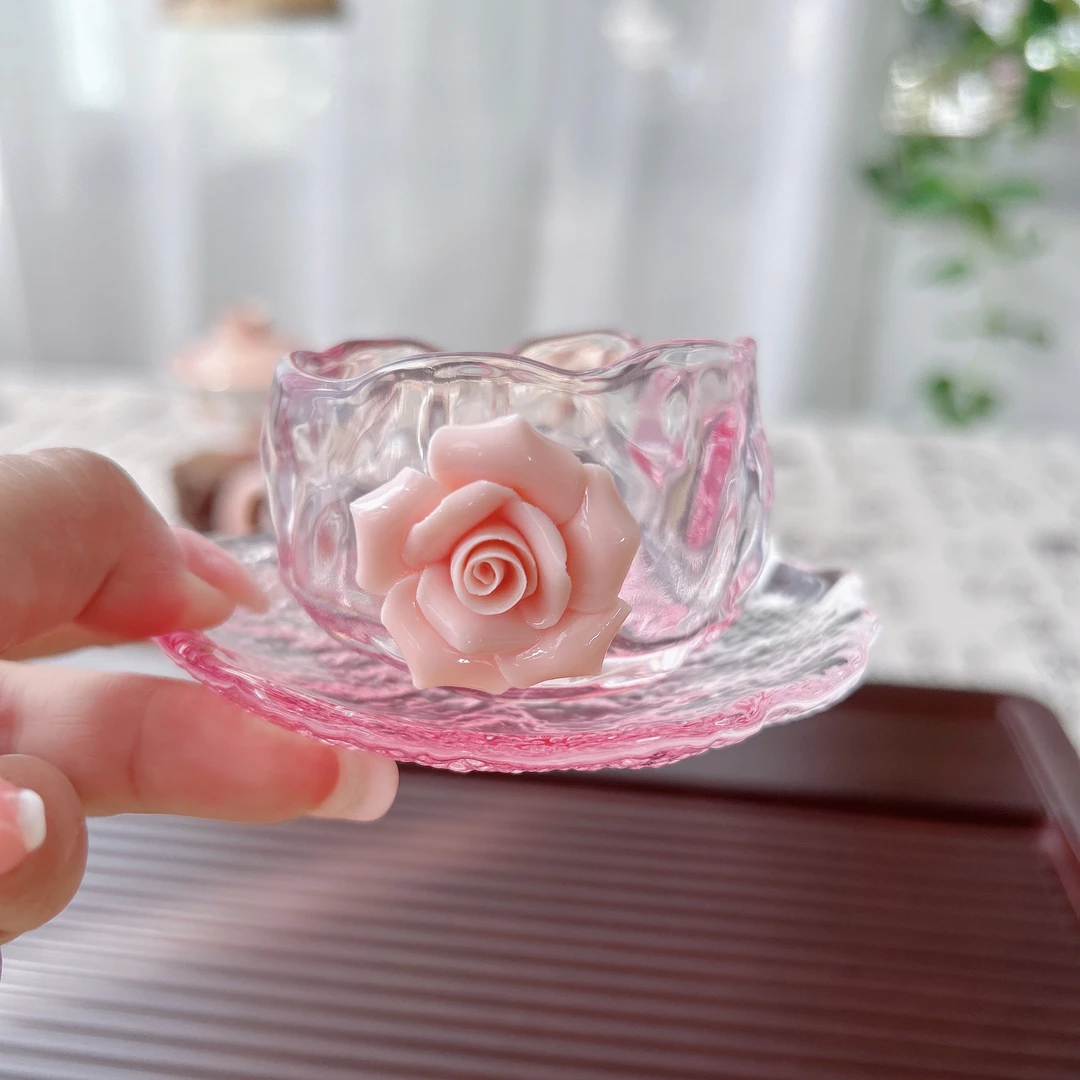网红透明水晶玻璃茶杯樱花粉功夫茶具茶杯家用茶碗品茗杯套装手工