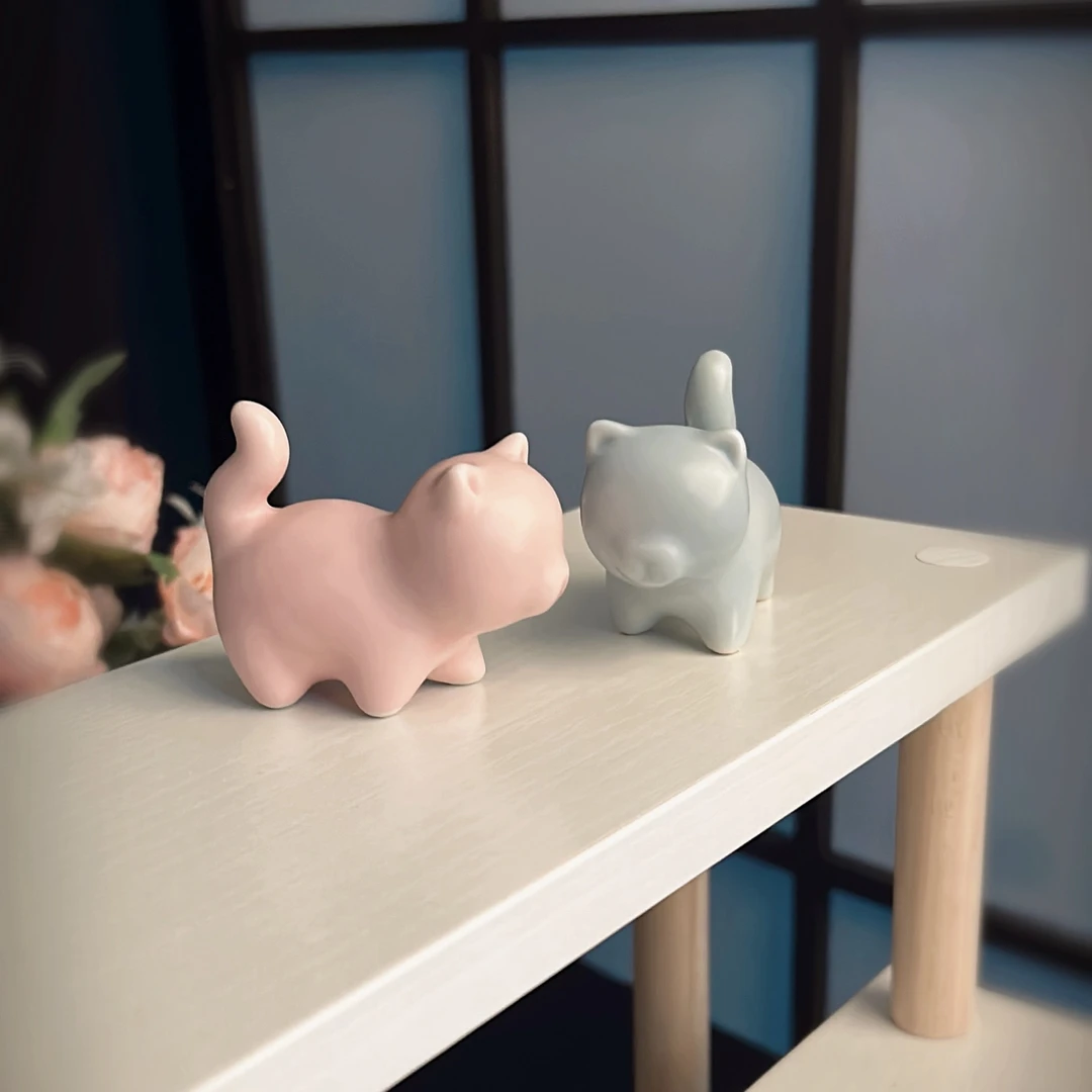 汝窑猫咪茶宠汝窑可养金丝铁线粉猫蓝猫一对