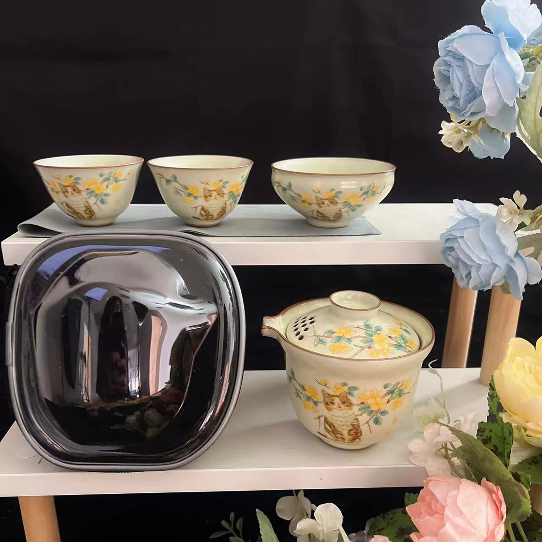 新款陶栖汝窑橘猫茶壶泡茶壶旅行茶具户外可养