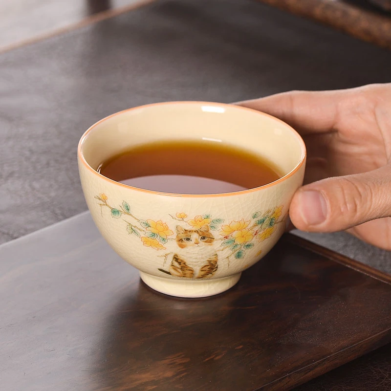 萌猫果黄哥窑茶杯主人杯陶瓷开片茶盏高档个人专用功夫品茗杯单杯