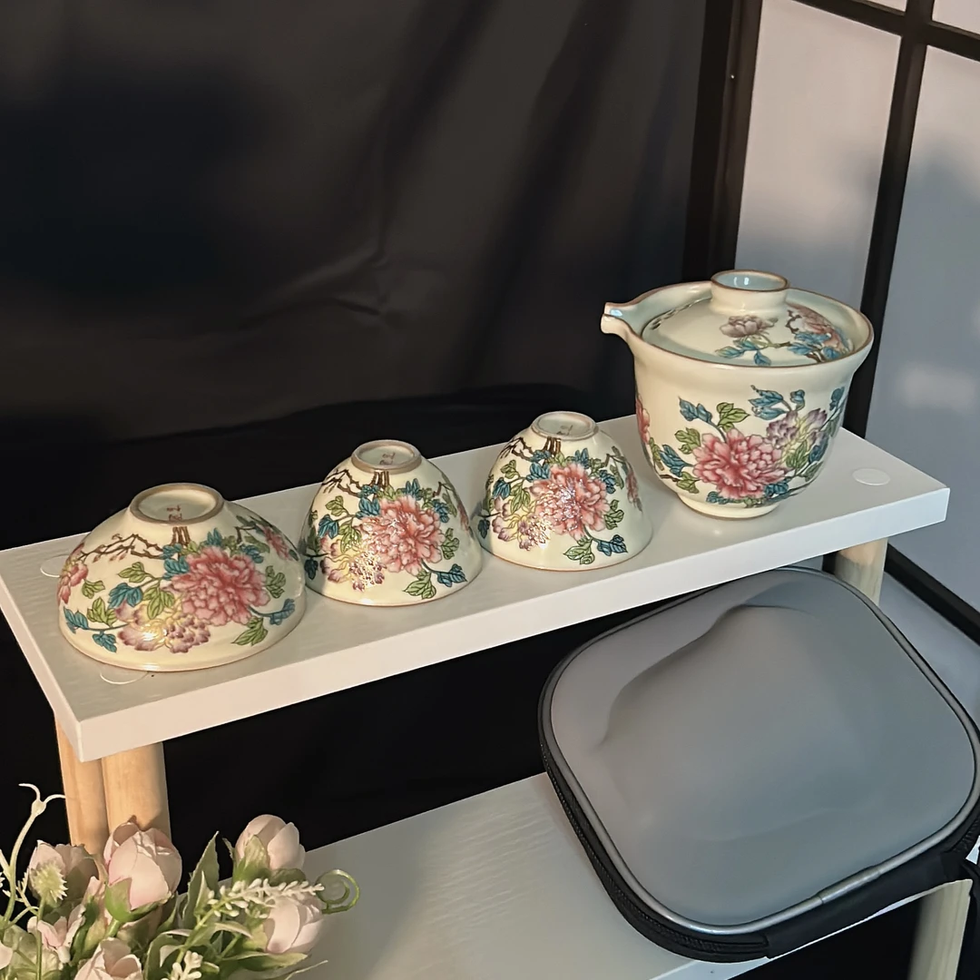 陶栖新款粉彩牡丹精致旅行茶具一壶三杯户外便携