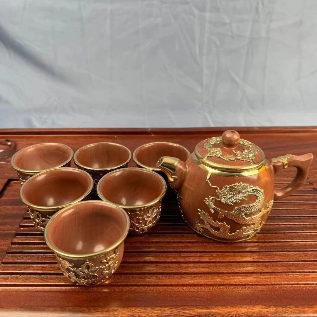 【中秋国庆双节大促】木鱼石金镶玉茶壶套装整石打磨净化水质