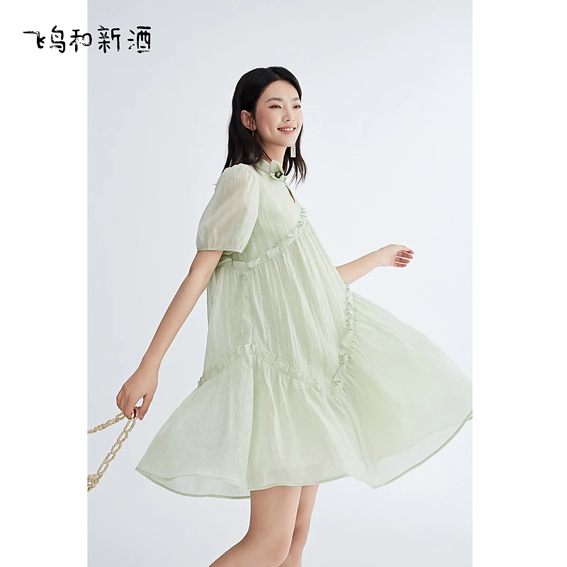 飞鸟和新酒设计感短袖连衣裙女夏季新中式盘扣雪纺裙FD430182175