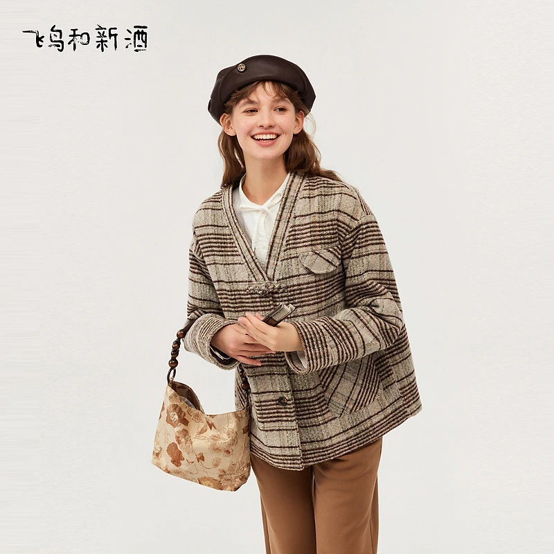 飞鸟和新酒新中式盘扣格子女春新款轻薄国风夹棉外套FD410022002