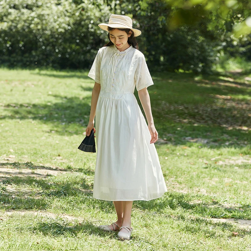 飞鸟和新酒小众女装白色连衣裙新中式国风宽松开襟裙FD33018066