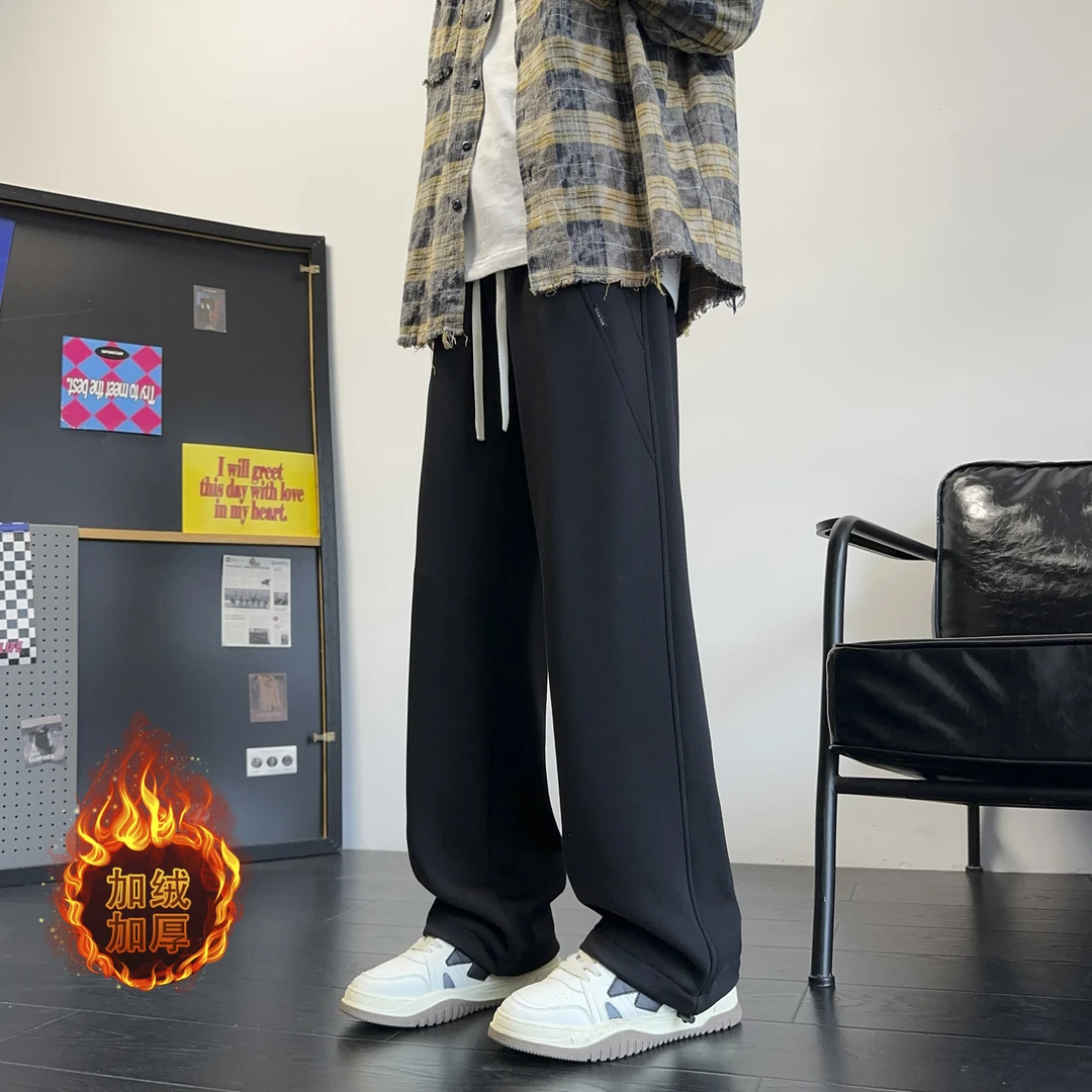 复古潮牌加绒直筒垂感运动卫裤男秋冬宽松ins百搭情侣休闲长裤