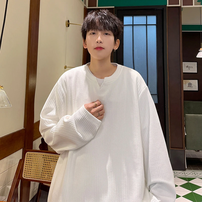 长袖t恤男士宽松V领打底衫潮流春秋款白色百搭休闲卫衣男装