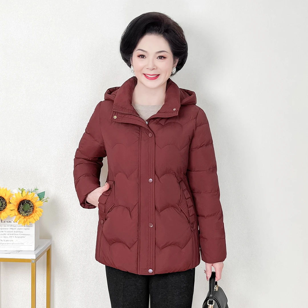 妈妈冬装短款羽绒服女中老年女装洋气冬季中年白鸭绒连帽外套女