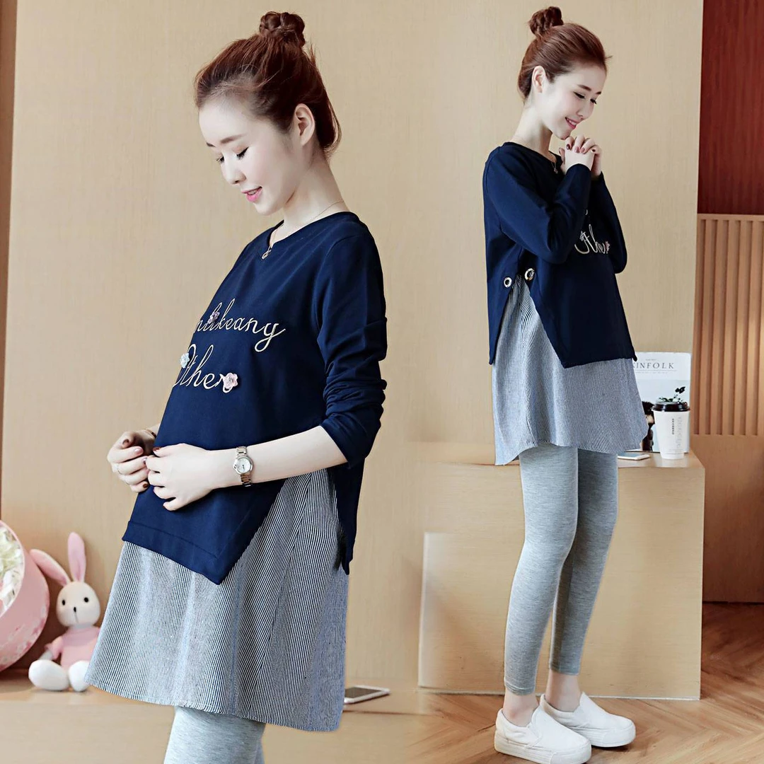 孕妇装春秋长袖孕妇上衣时尚孕晚期中长款孕妇T恤孕妇打底衫遮肚