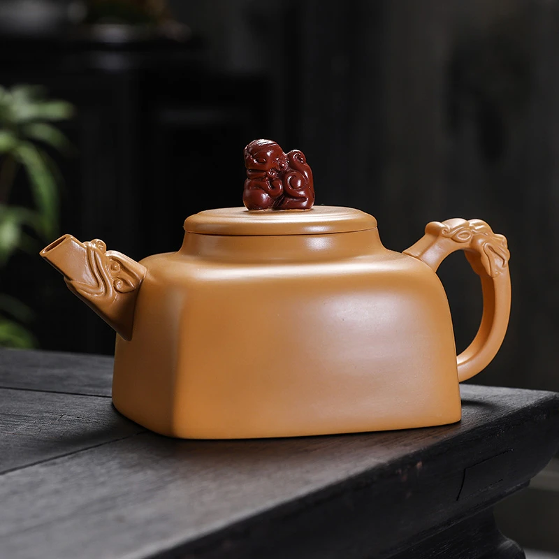 原矿段泥龙把四方龙尊壶大容量中式手工茶壶家用复古大号紫砂壶S