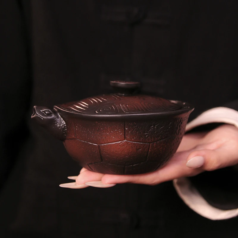 紫陶富甲一方凤鸣壶手抓壶大容量盖碗家用泡茶复古紫砂壶ZH00356