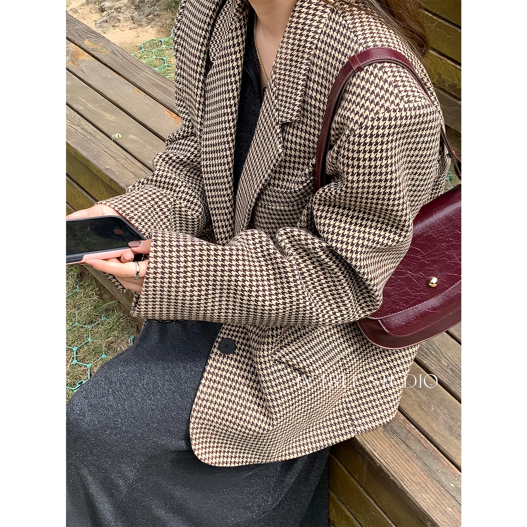 张桶桶QC【初晴烟雨】千鸟格西装外套秋季休闲复古 ZXL0975