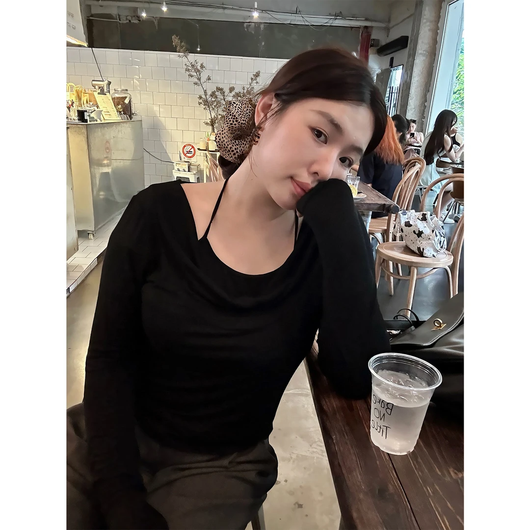 InTree张桶桶【心动邀约】荡领假两件两穿长袖T一字肩上衣ZXL01560