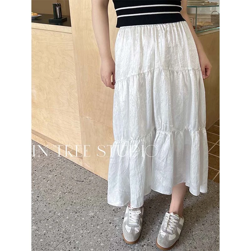 张桶桶QC |大象自制【月光裙】珠光白色显瘦半裙褶皱韩版高腰 AB043